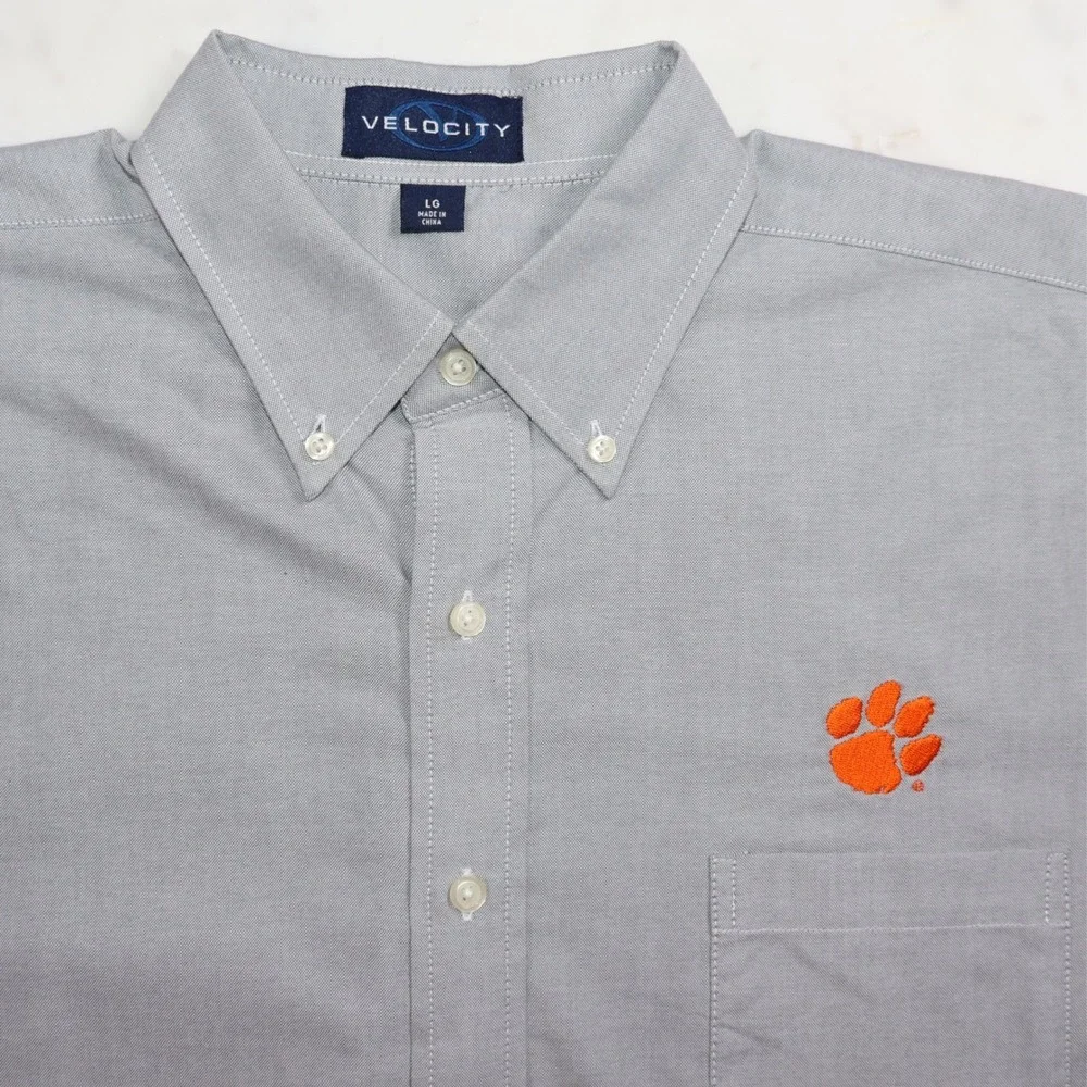 Velocity Mens Clemson Tigers Button Down Shirt Grey Long Sleeve‎ LG